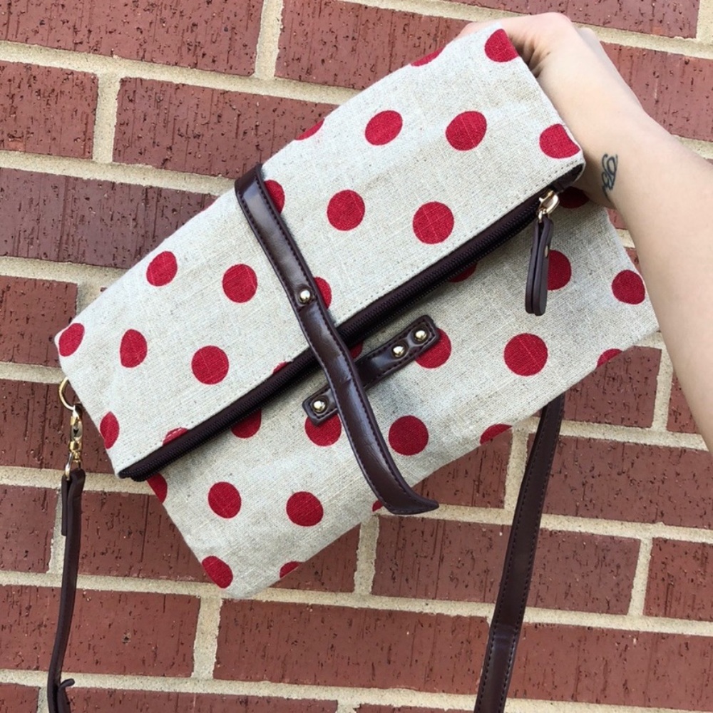 Fold-over canvas red polka dot crossbody/clutch